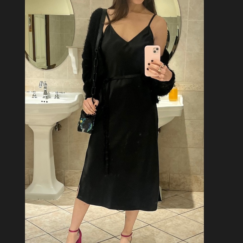 INC Black Belted Midi Slip Dress